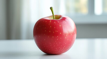 A single red apple with a green stem is displayed on a white table, emphasizing its freshness and color.