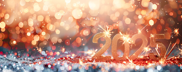 Wall Mural - 2025 new year eve celebration bokeh background. Wallpaper, banner and gifting card concept.