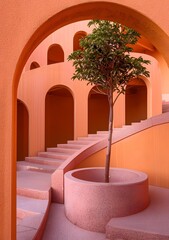 Poster - Minimalist Architecture with Arched Entrance and Tree in a Pot