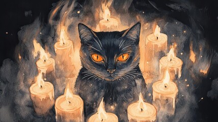 Black cat with glowing orange eyes, surrounded by a circle of lit candles, Halloween Cat, Occult ritual