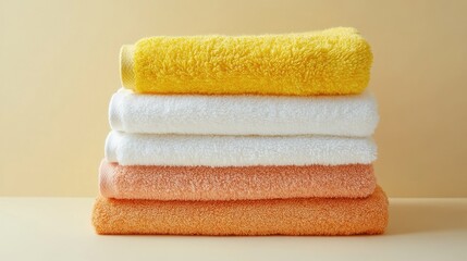 A stack of soft towels in yellow, orange, and white creates a warm and inviting palette, perfect for a cozy setting.