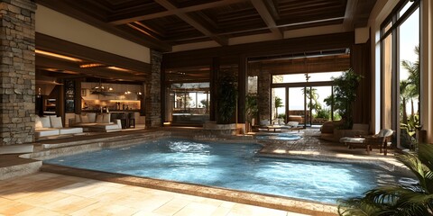 Wall Mural - Luxury Indoor Swimming Pool with Stone Walls and Wooden Beams