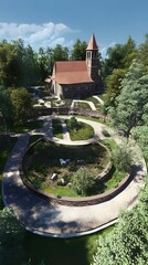 Canvas Print - Stone Church with Winding Pathways Surrounded by Trees