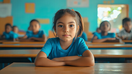 Canvas Print - A young girl in a blue shirt sits at a desk in a classroom. She is the only one looking at the camera