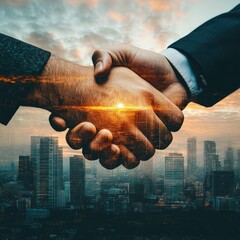 A business handshake overlaid with corporate buildings and a glowing sunset, symbolizing partnership and growth