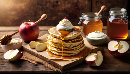 Sticker - Stack of pancakes with syrup and apple on rustic wood