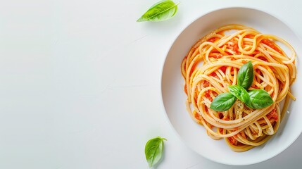 A plate of spaghetti with tomato sauce and basil leaves on a white background.