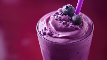 Wall Mural - A vibrant purple milkshake with a purple straw and a blueberry garnish, ready to be enjoyed.