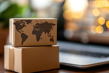 Stylish cardboard boxes with a world map on a desk beside a laptop, perfect for themes of shipping, logistics, and global trade.