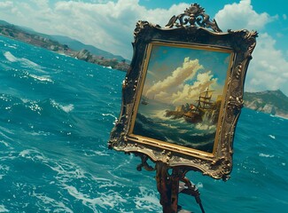 Sticker - Framed Artwork of a Ship in a Stormy Sea