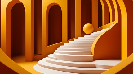 Poster - Abstract Minimalist Yellow Architecture with White Stairs and Sphere