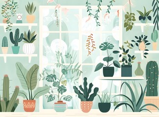 Sticker - Indoor Plants with Window View Illustration