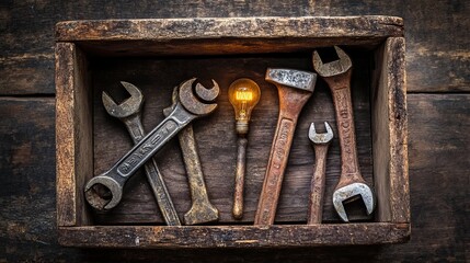 Wooden toolbox containing used hand tools, including worn and rusty wrenches, hammers, and an old light bulb