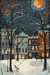 Poster - Snowy Night in the City Illustration