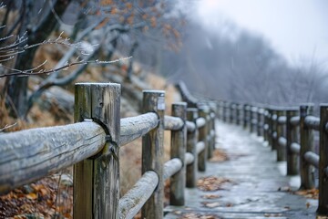 Poster - Wooden Fence in Winter with Snow and Fog