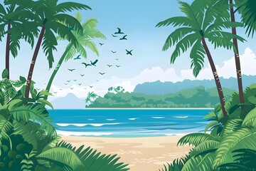 Sticker - Tropical Beach Landscape with Palm Trees