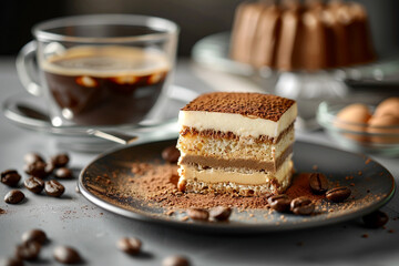 Artistic shot of espresso and tiramisu classic Italian desserts