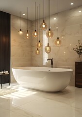 Wall Mural - Modern Bathroom with White Bathtub and Marble Tiles