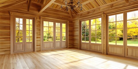 Canvas Print - Wooden Cabin Interior with Large Windows and Chandelier