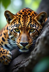 Wall Mural - Portrait of a leopard on a tree..