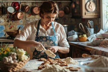 Housewife Baking Cookies in a Rustic Kitchen for a Cozy Country Home Cooking Experience