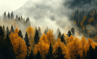 Misty autumn forest with golden trees and rolling hills.