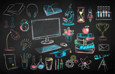 Wall Mural - vector color chalk drawn illustration set of online education and science items on chalkboard backgr