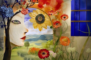 Wall Mural - Mysterious female face and flowers on the background of mountains. Abstract illustration.