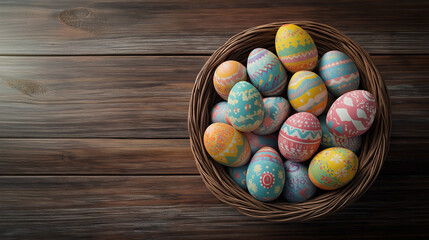 3D Easter eggs top view illustration with copy space.