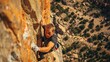 © spyrakot - Professional Rock Climber Scaling Challenging Cliff with Breathtaking Valley View