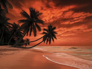 A tropical beach at sunset, with palm trees silhouetted against a fiery orange sky and gentle waves lapping at the shore