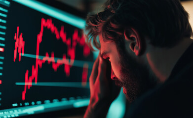 Wall Mural - Stressed man looking at declining stock market graphs on a computer screen.