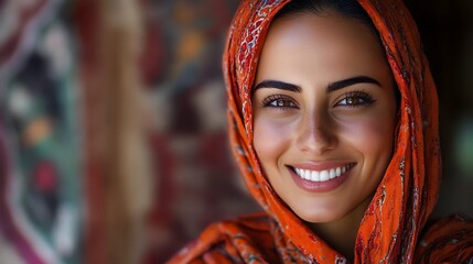 Wall Mural - A beautiful Lebanese woman. Lebanon. A beautiful Lebanese woman. A cheerful woman wearing a vibrant orange scarf smiles brightly, showcasing a warm and inviting expression against a softly blur. #wotw