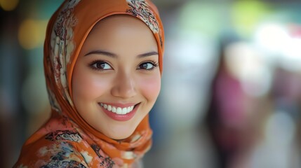 Wall Mural - A beautiful Malaysian woman. Malaysia. A beautiful Malaysian woman. A young woman wearing a colorful hijab smiles warmly, showcasing her happiness and cultural identity in a vibrant outdoor set. #wotw