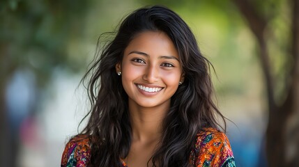 A beautiful Nepalese woman. Nepal. A beautiful Nepalese woman. A young woman with long, wavy hair and a bright smile poses outdoors, wearing a colorful patterned shirt among blurred greenery. . #wotw