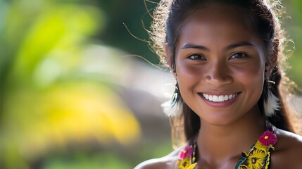 A beautiful Palauan woman. Palau. A beautiful Palauan woman. A cheerful young woman with a radiant smile is adorned in colorful floral accessories, set against a lush, tropical backdrop. . #wotw