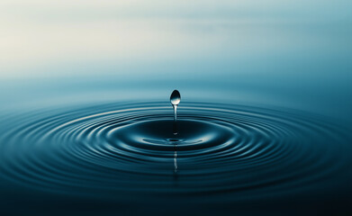 A single water droplet captured mid-splash creating concentric ripples on a calm blue water surface.