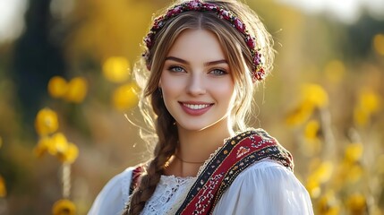 A beautiful Ukrainian woman. Ukraine. A beautiful Ukrainian woman. Portrait of a smiling young woman in traditional attire surrounded by sunflowers in a sunlit field, showcasing natural beauty . #wotw