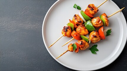 Single skewer of grilled chicken kebabs with charred chicken, bell peppers, and onions on a white plate.