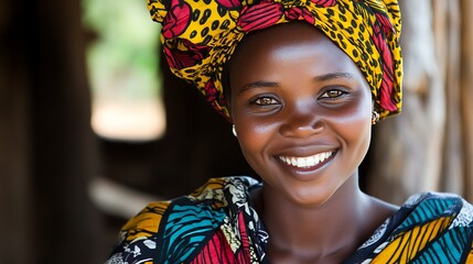 Wall Mural - A beautiful Zambian woman. Zambia. A beautiful Zambian woman. A joyful woman wearing a colorful traditional headwrap and attire, smiling warmly against a natural background. . #wotw