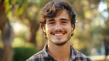 A handsome Australian man. Australia. A cheerful young man with curly hair smiles warmly in a sunlit outdoor setting, conveying a sense of happiness and approachability. . #motw