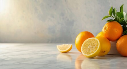 Sticker - Fresh Citrus Fruits and Green Leaves in a White Vase on a Marble Countertop