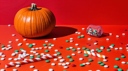 Wall Mural - A large pumpkin on an orange table,