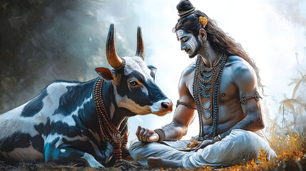 Wall Mural - Beautiful digital painting of lord Shiva with Nandi the bull, perfect for home decor and gifts