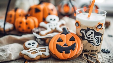 Wall Mural - cookies decorated with white icing and black skeleton, pumpkin