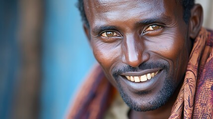 Wall Mural - A handsome Djiboutian man. Djibouti. A smiling man with warm brown eyes and a colorful shawl, exuding confidence and positivity against a blurred background. . #motw