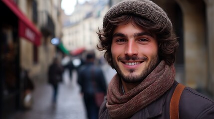 A handsome French man. France. A smiling young man with curly hair wearing a cozy scarf and beanie stands in a bustling urban street, exuding a friendly and approachable vibe. . #motw