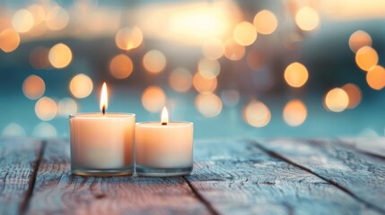 Poster - Tranquil Evening With Lit Candles on Weathered Wooden Table