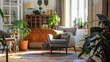 © spyrakot - Cozy Living Room with Modern and Vintage Furniture, Warm Lighting, and Indoor Plants for a Charming Ambiance