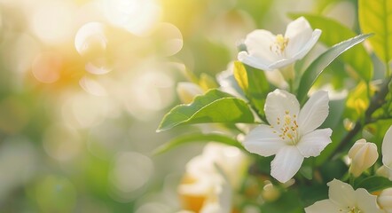 Sticker - Delicate White Flowers Blooming in a Sunlit Garden in Spring